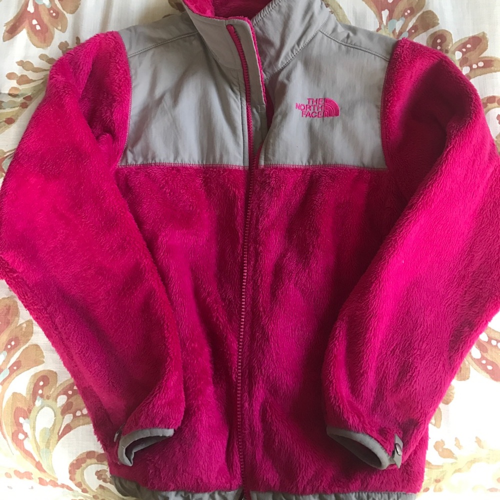 Girls Pink Furry North Face Jacket